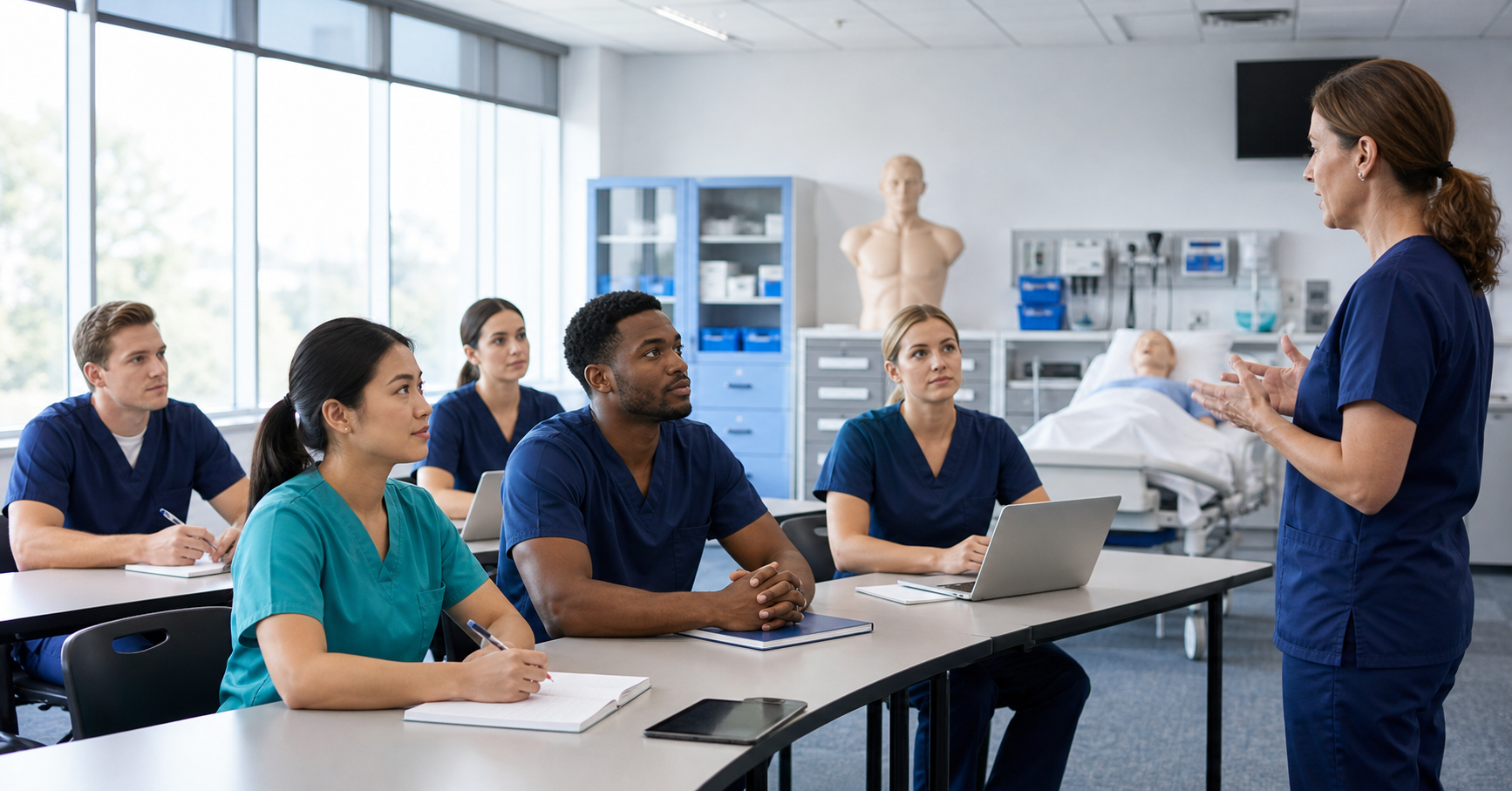 Adult healthcare students learning in a professional classroom setting